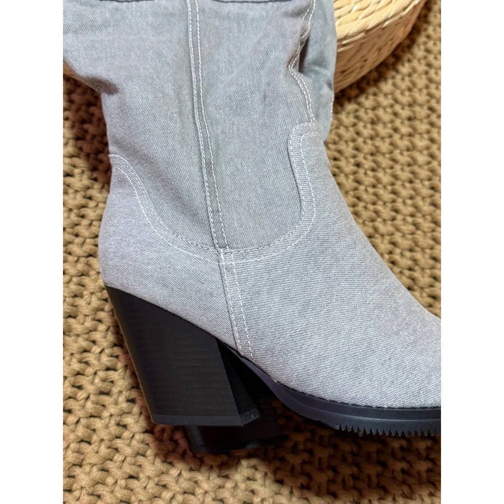 VIVIANLY Gray Denim Look Distressed Pocket‎ Over The Knee Cowboy Western Boots